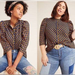 Anthropologie Eva Franco blouse 3/4 puff sleeve button front textured plaid Sz 6